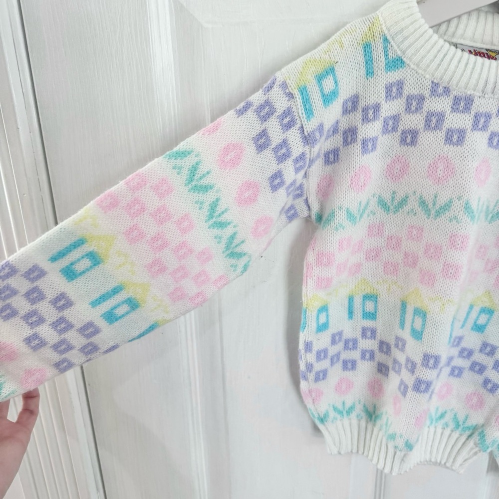 Vintage Little Funky Kids Sweater Pastel Flowers & Houses 2-3T - Picture 2 of 6